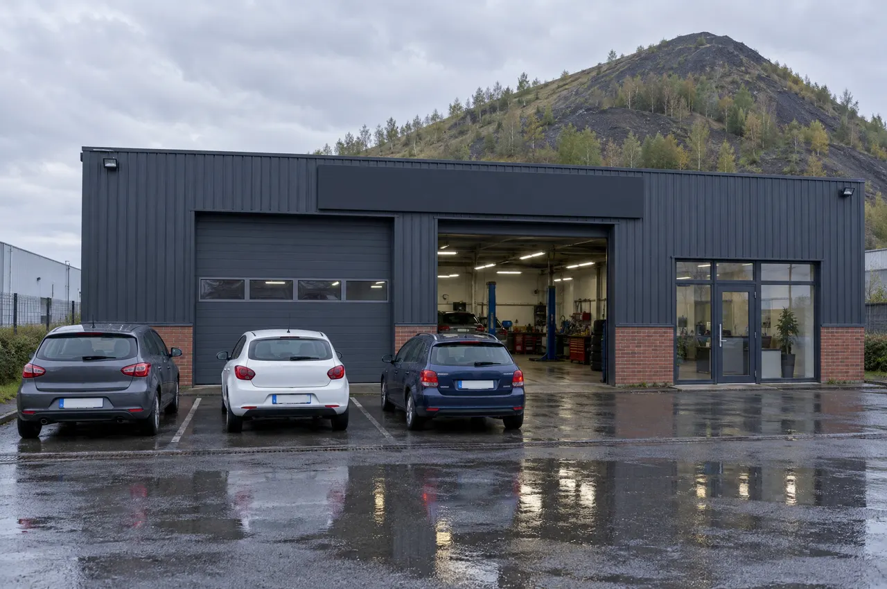 La façade de l'atelier sous un ciel gris : bardage anthracite sur un soubassement de briques, une porte sectionnelle ouverte sur l'atelier éclairé, trois voitures de clients garées devant, un terril boisé à l'horizon