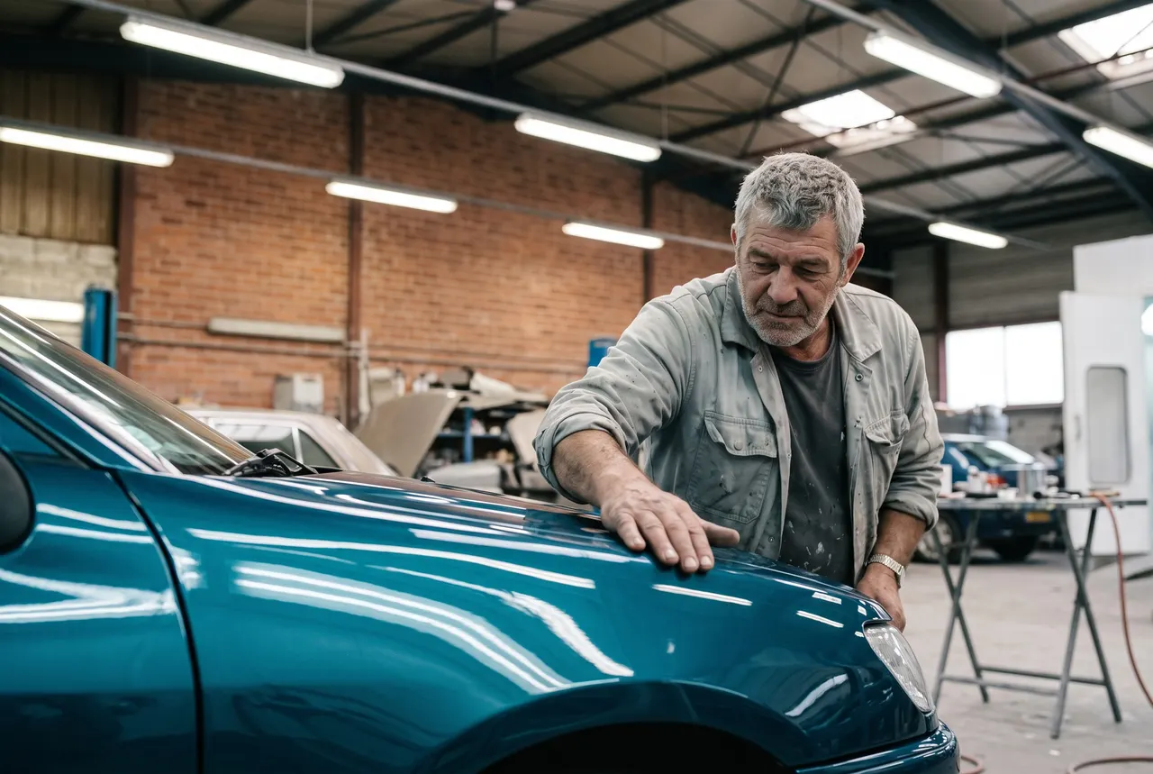 Franck passe la main à plat sur l'aile avant d'une voiture bleu lagon fraîchement vernie, les néons de l'atelier se reflètent en lignes droites sur la peinture