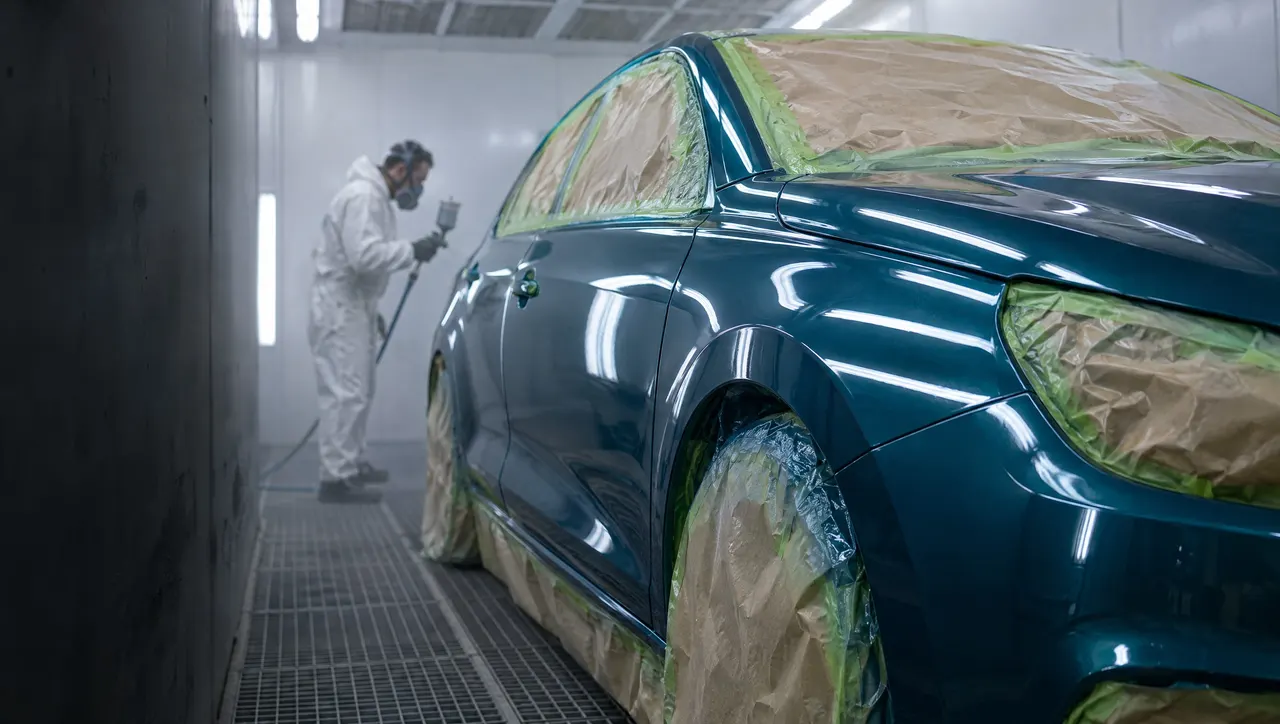 Une voiture bleu lagon dans la cabine de peinture de l'atelier : l'aile et la portière avant viennent d'être vernies, les néons du plafond se reflètent en lignes droites, les vitres sont masquées de papier, le peintre travaille au fond