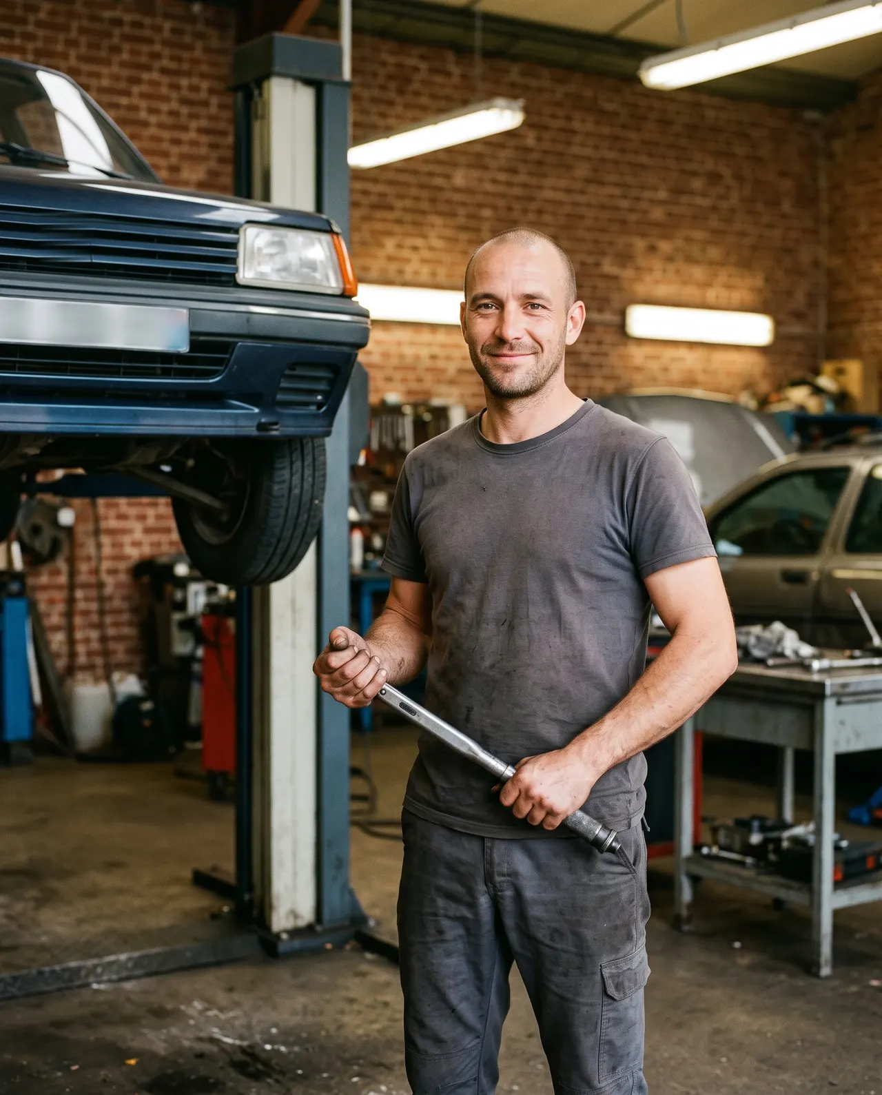 Portrait de Julien Kaczmarek, crâne rasé, clé dynamométrique en main, à côté d'une voiture levée sur le pont