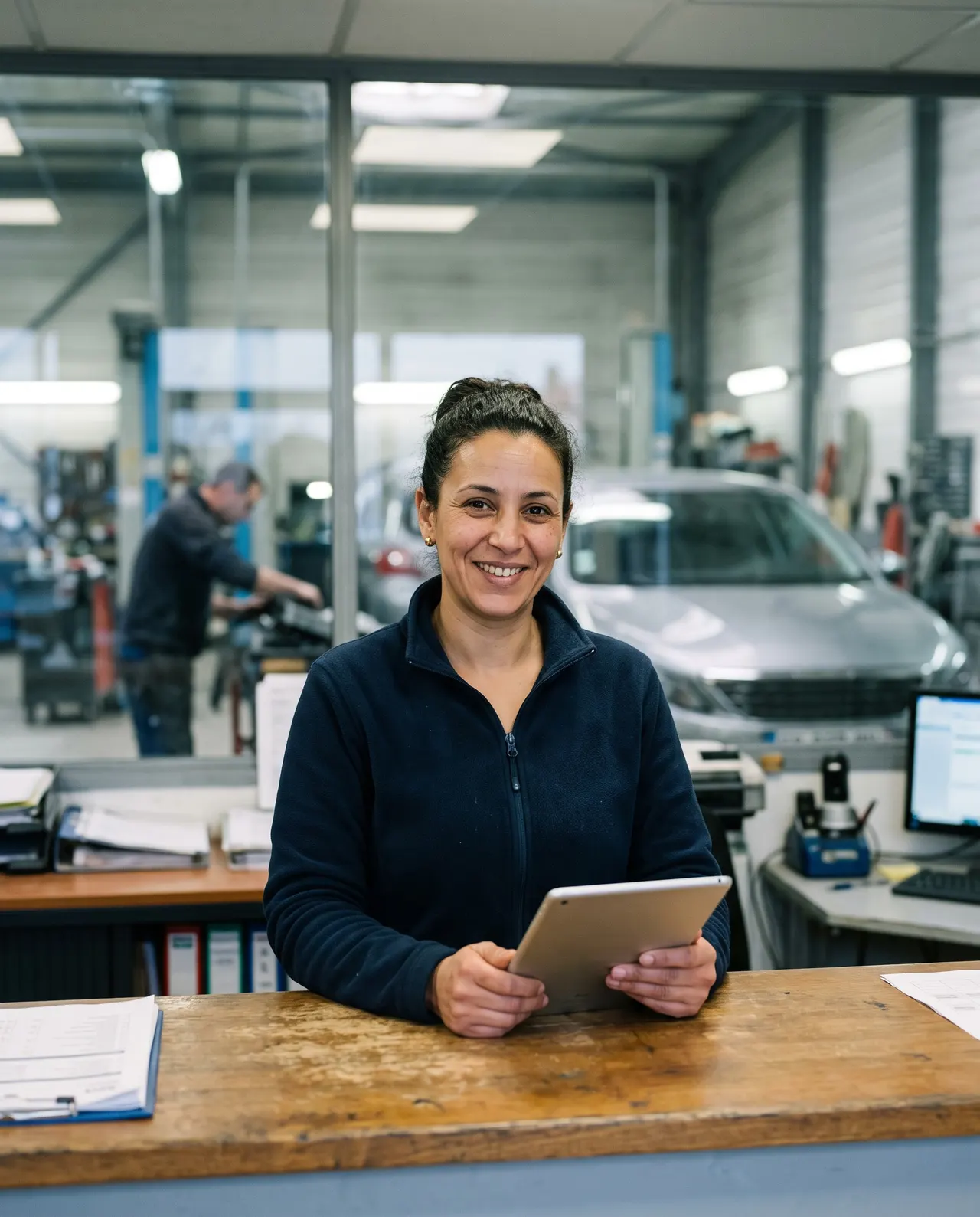 Portrait de Nadia Ferhat, souriante derrière le comptoir de l'accueil, une tablette à la main, l'atelier derrière la vitre