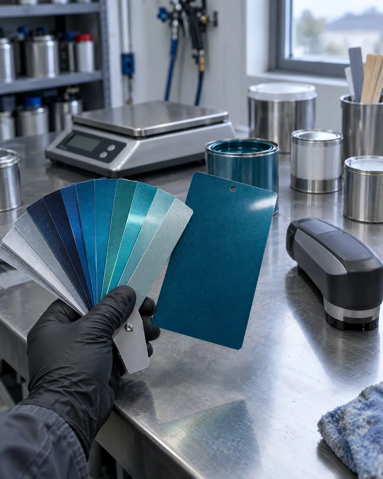 Dans la salle des teintes, une main gantée déploie un nuancier de pastilles bleues et turquoise à côté d'une plaquette d'essai bleu lagon ; sur l'établi, la balance de pesée, des pots sans étiquette et le spectrophotomètre